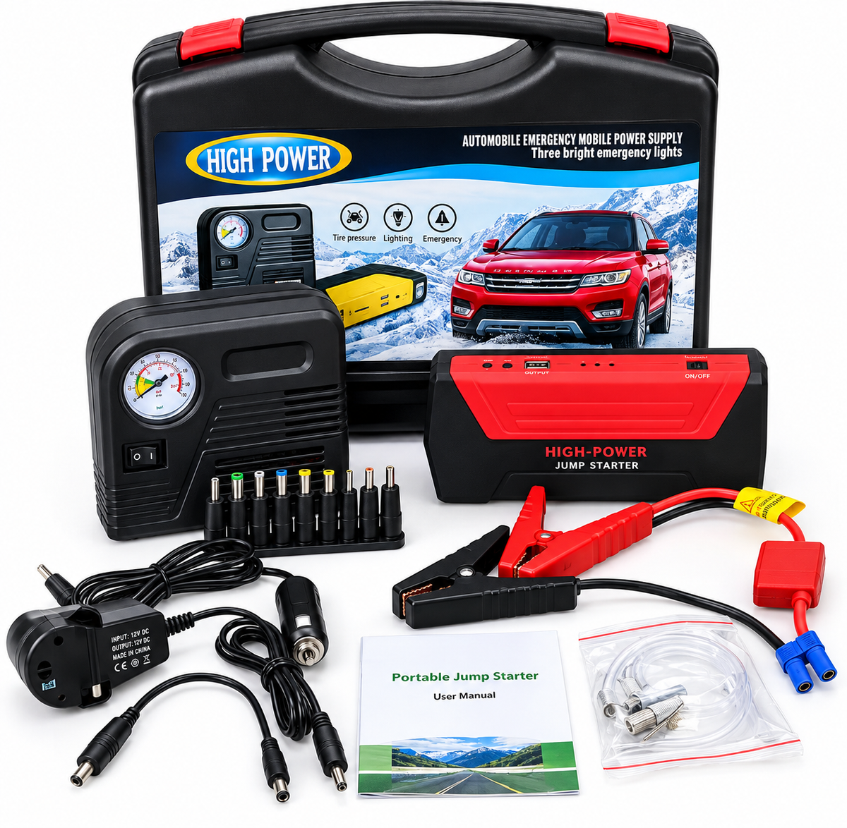 Kit de Emergencia HIGH POWER: Arrancador + compresor + power bank